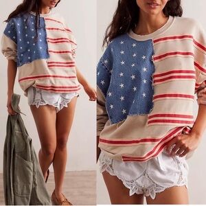 Free People x Tricia Fix Stars & Stripes Patchwork Crewneck Sweater Size Small